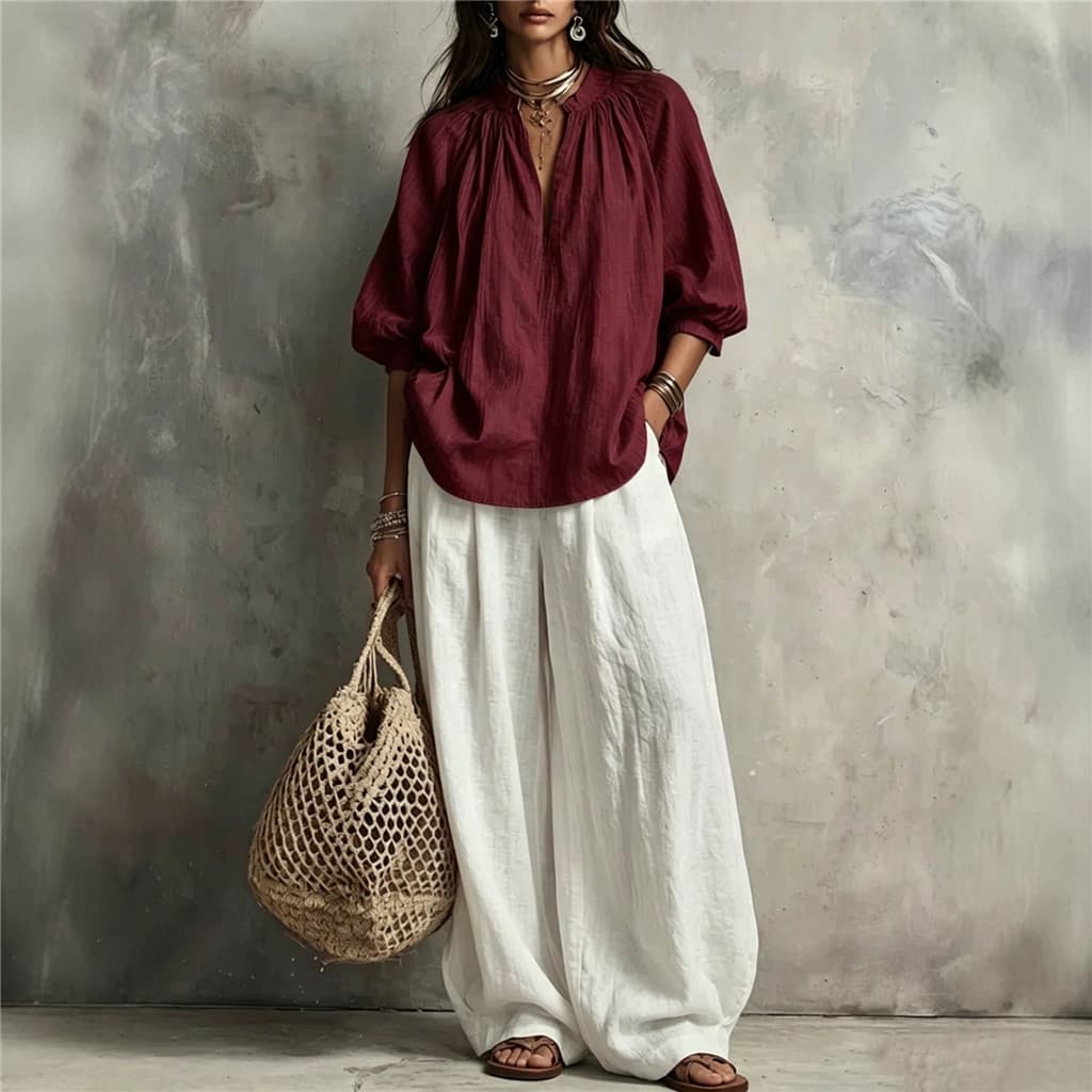 Outono Moda Sólida Casual Escritório Camisas Soltas Topos Conjuntos De Duas Peças Feminino Decote Em V Manga Puff Topo &