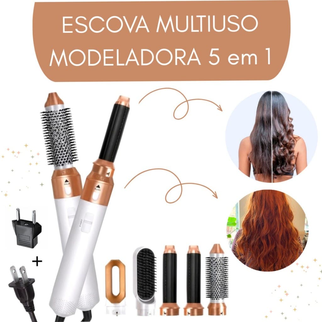 Escova 5 em 1 110V Branca Dourada Seca Alisa Modela