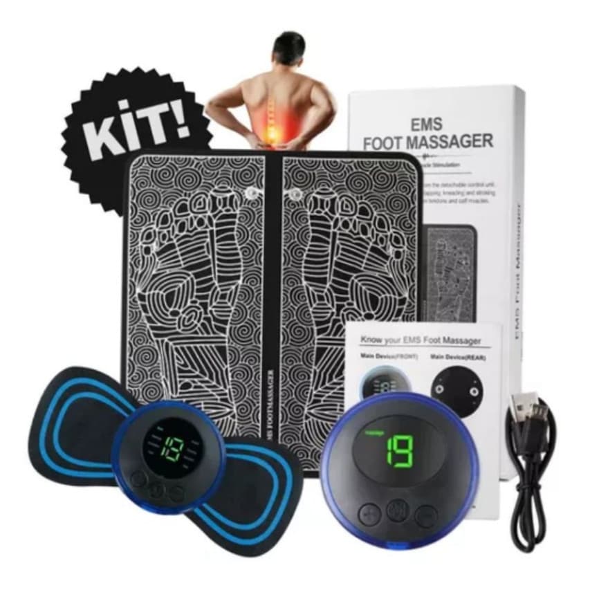Kit Massageador Eletrico Tapete E Mini Massageador Portatil EMS Alivio De Dores Recarregavel Fisioterapia Perna Corpo