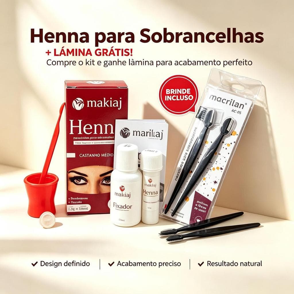 Henna para Sobrancelhas Makiaj + Brinde Lâmina Macrilan, Kit Completo para Design Perfeito