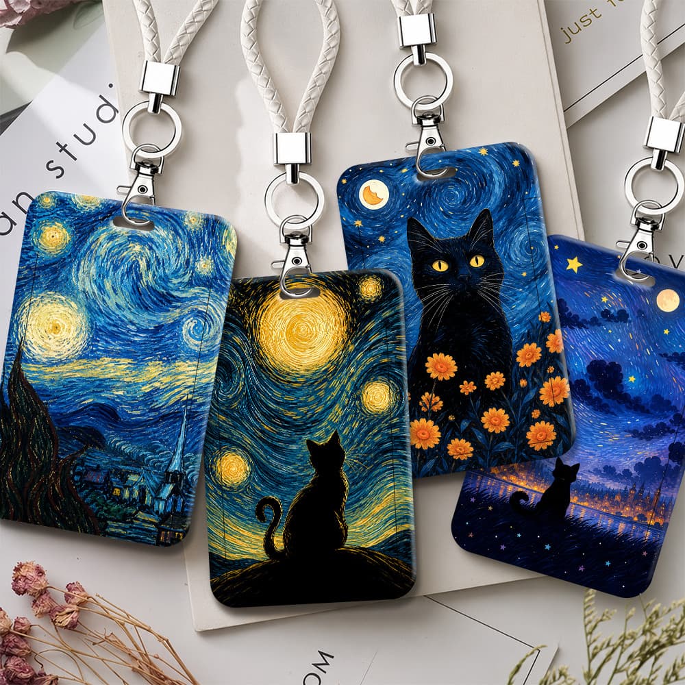 Noite Estrelada Gato Preto Plástico ID Crachá Titular Com Cordão Para Cartão De Identidade Escola Campus Escritório Trab