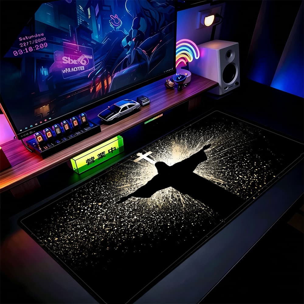Jesus Cross Silhouette Mouse Pad 80x30cm Tapete De Mesa Estendido Base Antiderrapante Bordas Costuradas