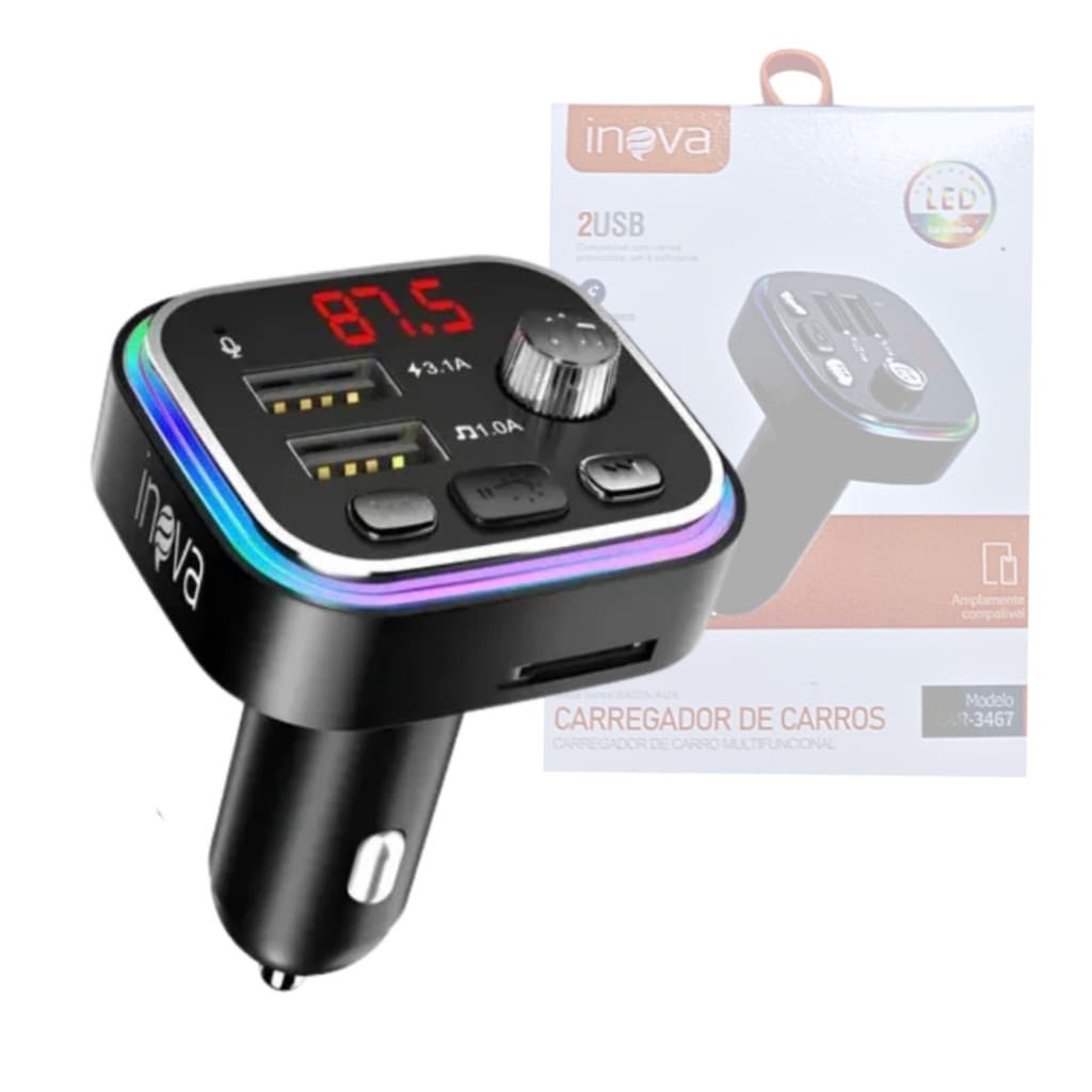 Carregador Transmissor Veicular MP3 Player Bluetooth 02 Portas USB
