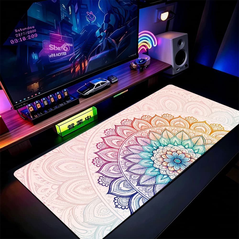 Tapete De Rato Mandala Colorido 80x30cm Mesa Estendido Para Jogos Com Base Antiderrapante E Bordas Costuradas