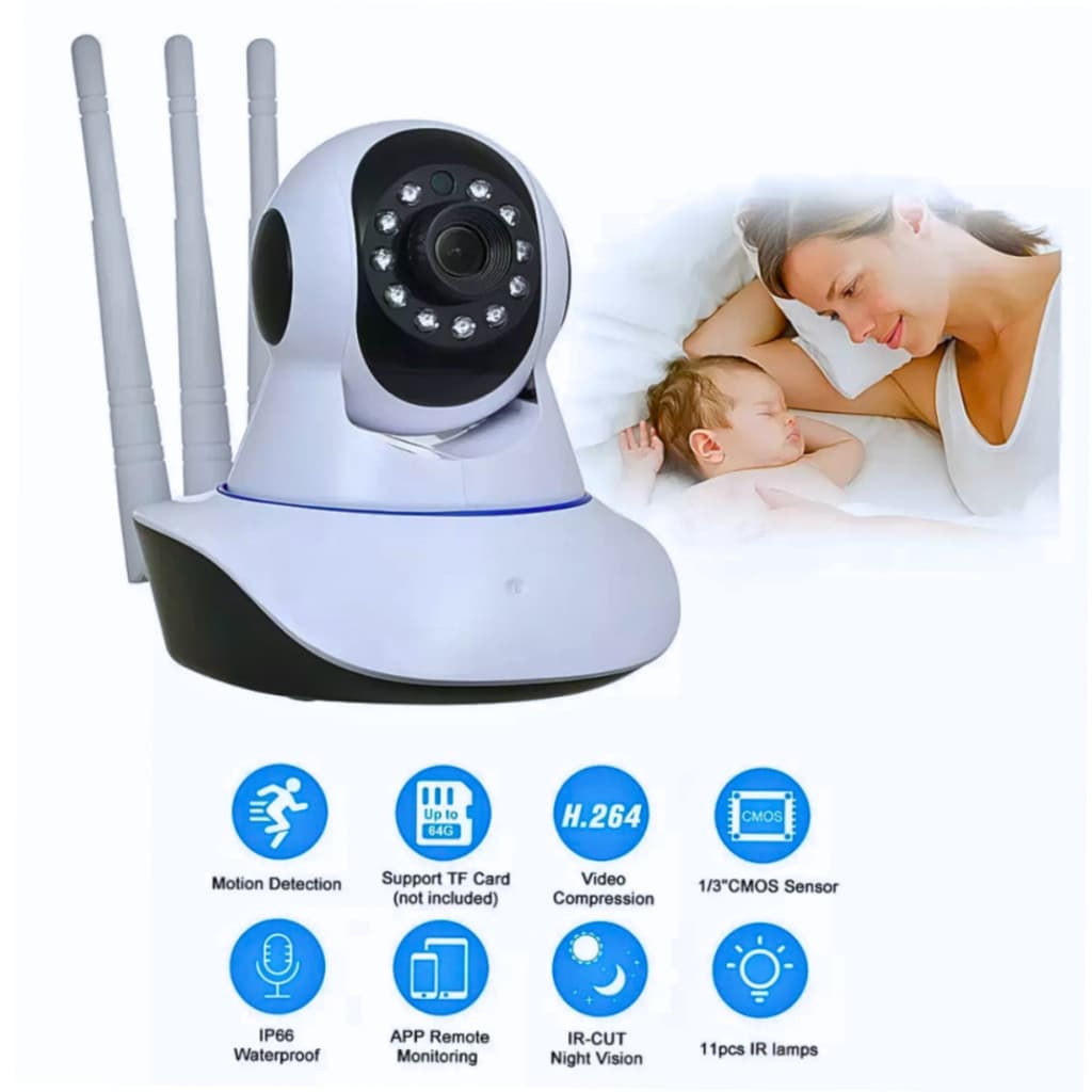 Câmera Segurança Babá Eletrônica Wi-fi Visão Noturna SMART IP com 3 Antenas P2P