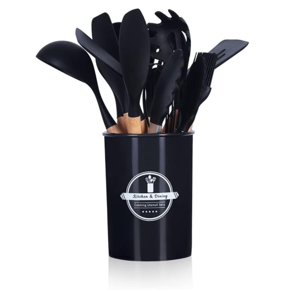 PRETO - Conjunto de Utensílios de Cozinha 12 Peças - Silicone e Cabo de Madeira