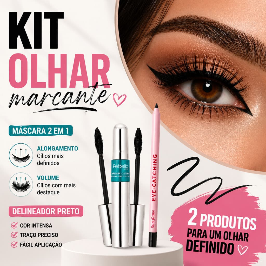 Kit Febella e Ruby Rose – Máscara 2 em 1 e Lápis Delineador Preto para Olhar que Encanta