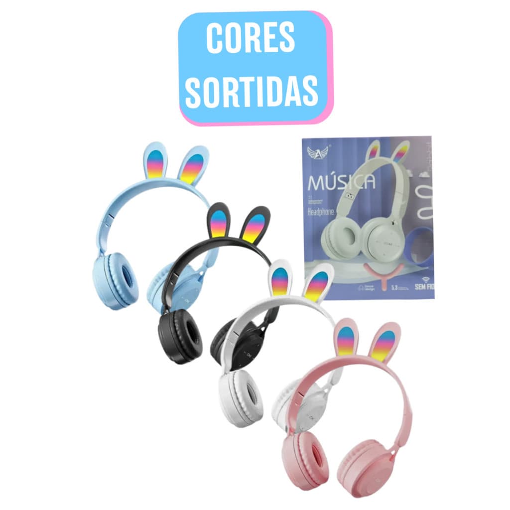 Fone de Ouvido Headphone Bluetooth Infantil Orelha de Coelho