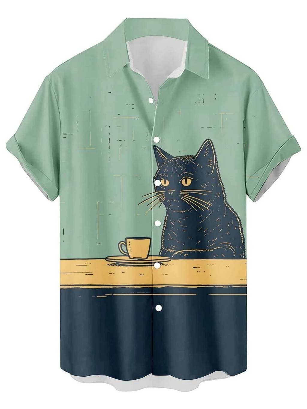 Camisa Masculina Engraçada De Manga Curta Com Estampa De Gato Preto E Café , Camisas Havaianas Casuais Botões Para Homen