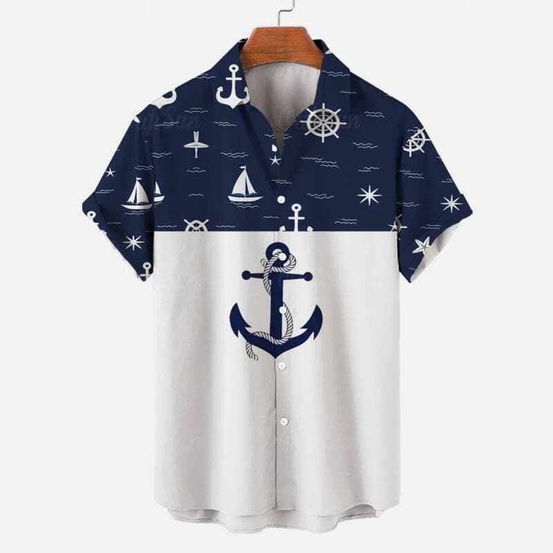 2026 Camisa Masculina 3d Barco Âncora Listra Impressão Camisas Havaianas Para Homens Diário Casual Manga Curta Solta Rou