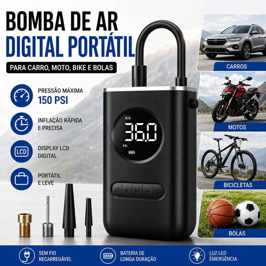 Bomba de Ar Digital Portátil MCH2505 Calibrador de Pneus para Carro Moto Bike e Objetos Infláveis