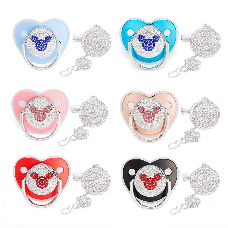 Boca calmante de diamante estilo prata para bebê com diamante e bico de diamante com corrente