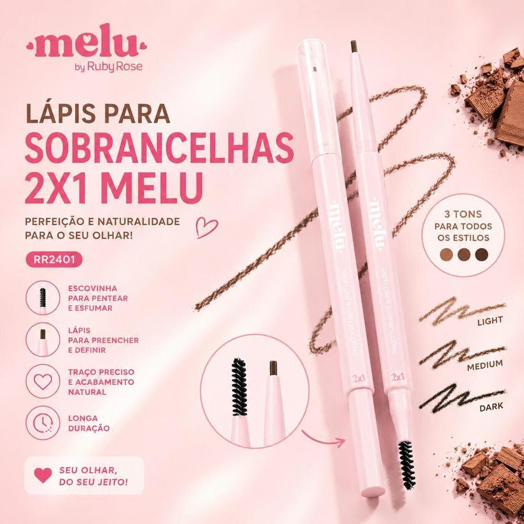 Lápis Sobrancelha 2 em 1 Ruby Rose RR-2401 - Ponta Fina p/ Delinear Pelos e Parte Cremosa que Preenche Sem Marcar