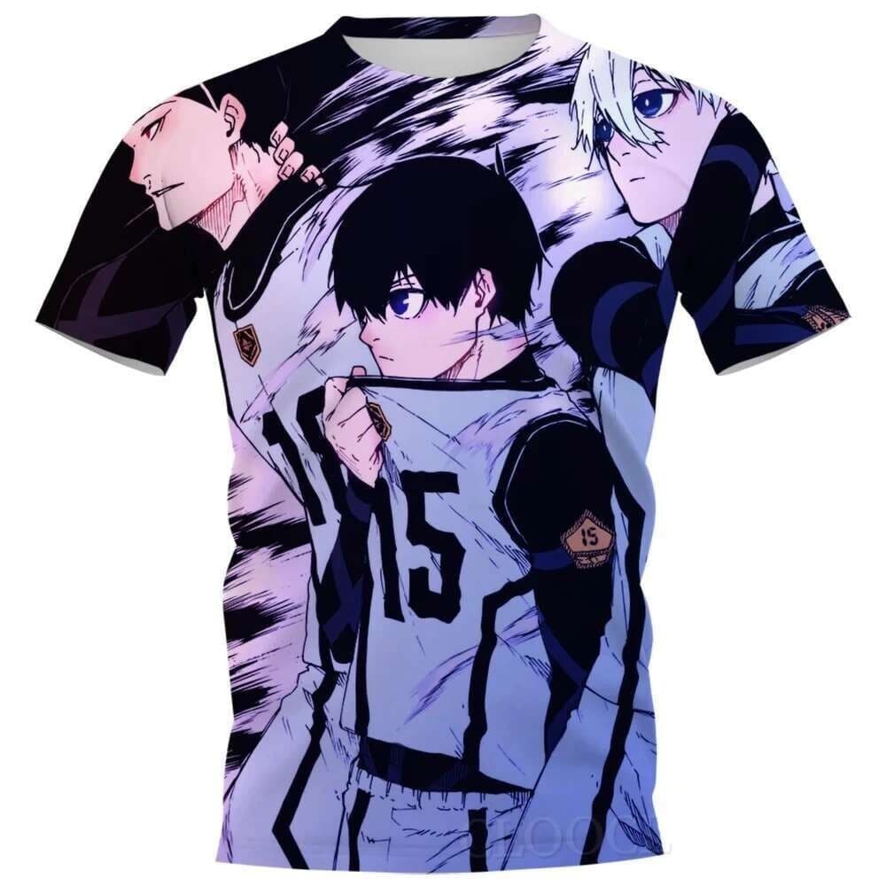 2026 Novo Verão Masculino Bloqueio Azul anime Camiseta Moda casual 3D Impresso Solto Em Torno Do Pescoço Infantil Lazer