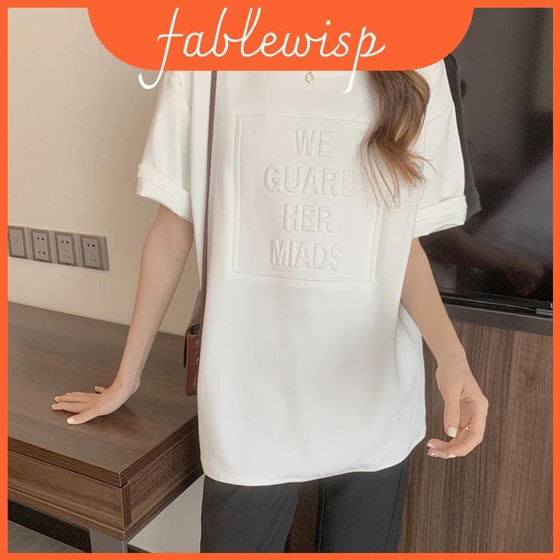 Camiseta Média De Algodão De Comprimento Com Gráfico De Letras E Remendo Para Parece Verão Casual
