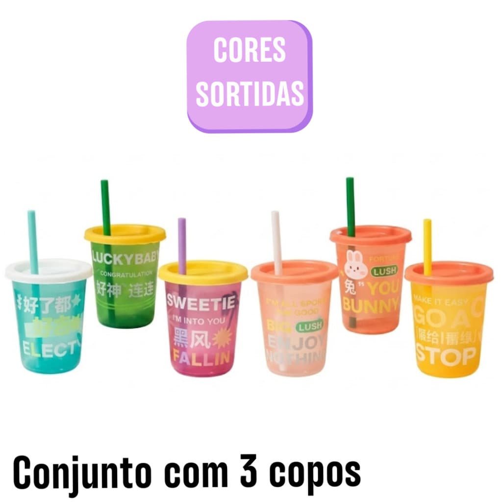 Copo Infantil Com Canudo Colorido Reutilizável BPA Free Com Tampa Estilo Coreano
