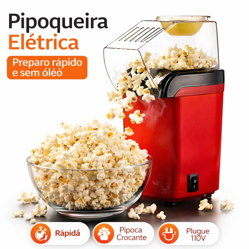Pipoqueira Elétrica Sem Óleo 110V Máquina de Pipoca Ar Quente Portátil 1200W