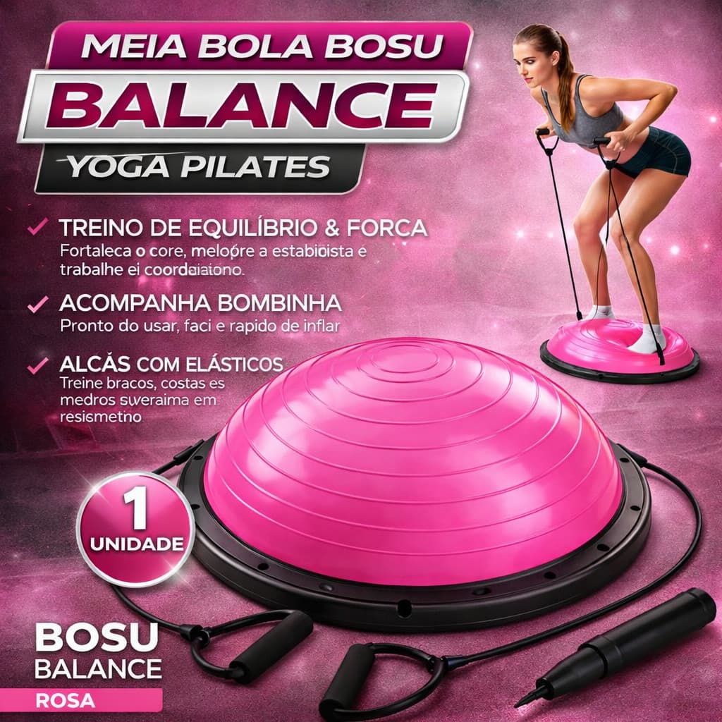 Meia Bola Bosu Balance Rosa Yoga Pilates C/ Alça E Bomba