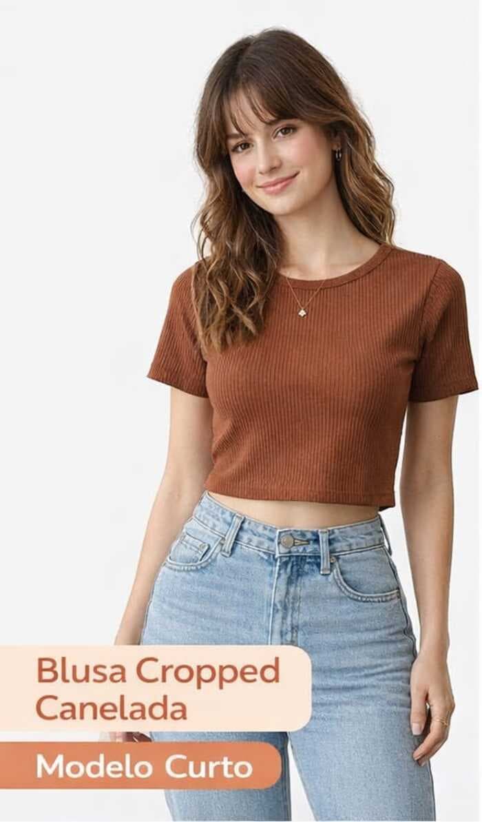 Cropped Feminino Curto Canelado Manga Curta Básico Casual Confortável-cod:A23