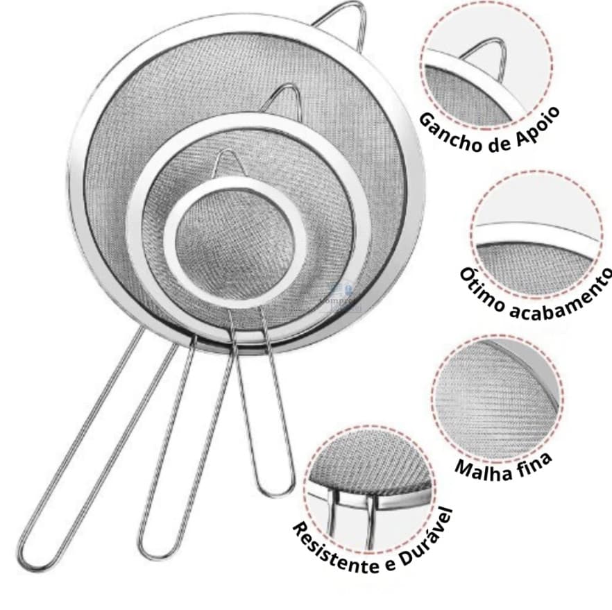 Kit 03 Peneira Coador Manual Em Aço Inox 3 Tamanhos P- M-G
