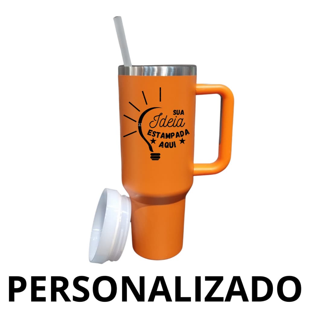 Personalizado - Copo Caneca (1200 ml) Térmica Inox com Alça e Canudo - Laranja