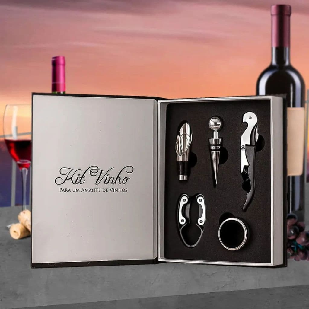 Kit Vinho 5 Peças Abridor, Dosador, Saca Rolhas E Tampa