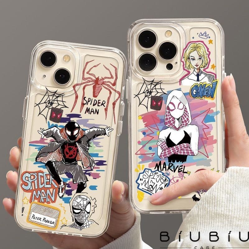 Capinha Capa Transparente com Design do Homem-Aranha e Spider-Gwen Para iPhone 11 14 15 16 12 17 13 pro max 7/8 plus