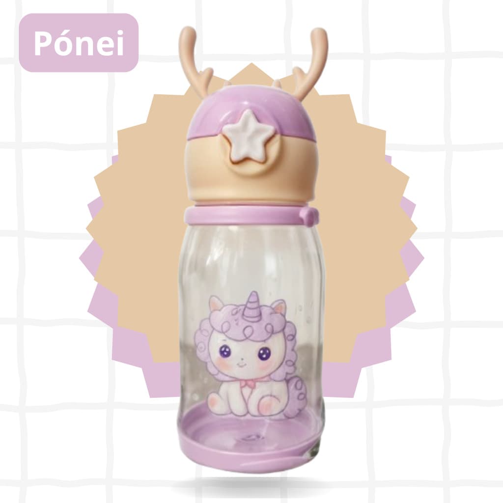 Uma Garrafa Infantil Portátil com Desenho Tampa com Canudo e Alça Lateral - Feminino formato Coelho ou Pónei
