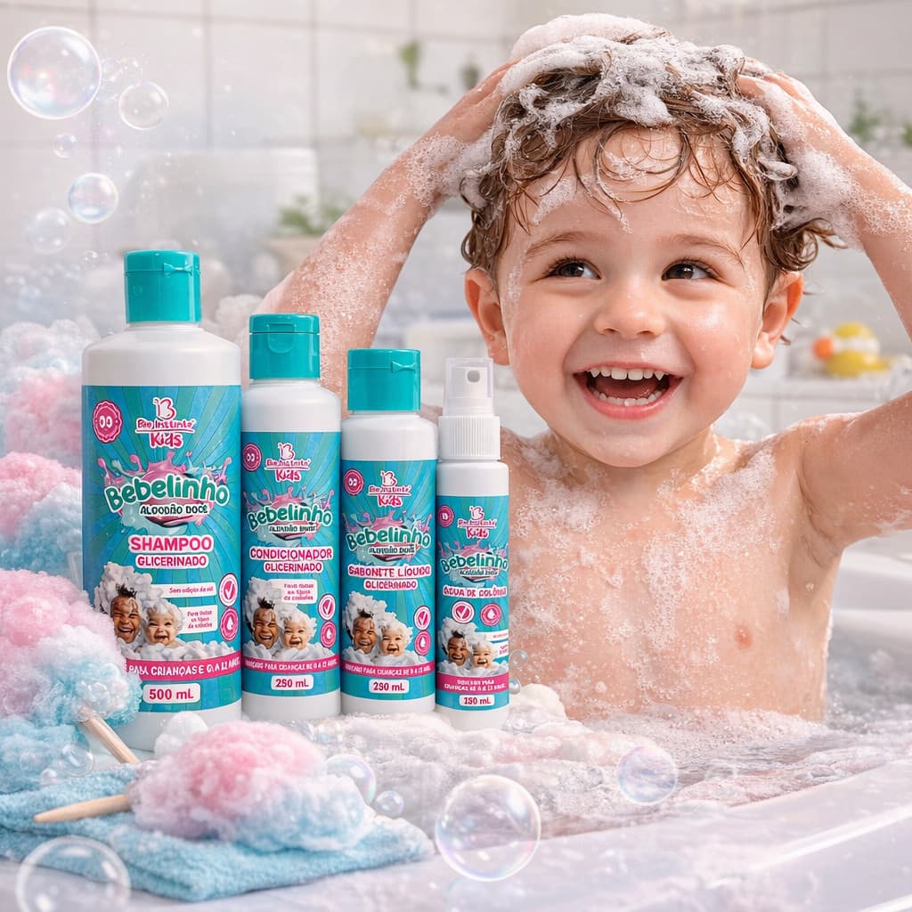 Kit Shampoo Condicionador Água de Colonia e Sabonete líquido Infantil Bebelinho Algodão Doce
