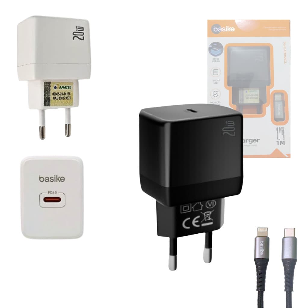 Carregador Completo 20W Porta TIPO-C e Cabo Lightning de 1 Metro Basike BA-CAR068CL