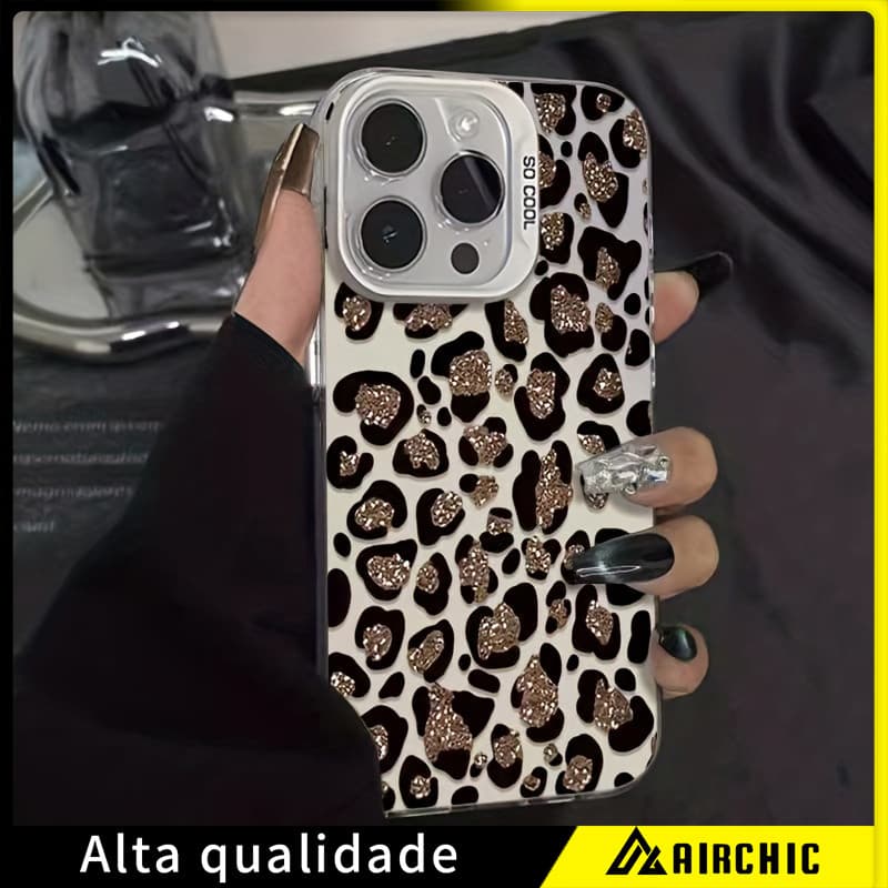 Capa De Telefone IMD estilo artístico Instagram onça e strass dourados Compatível Com IPhone 17 16 13 11 12 14 15 XR XS