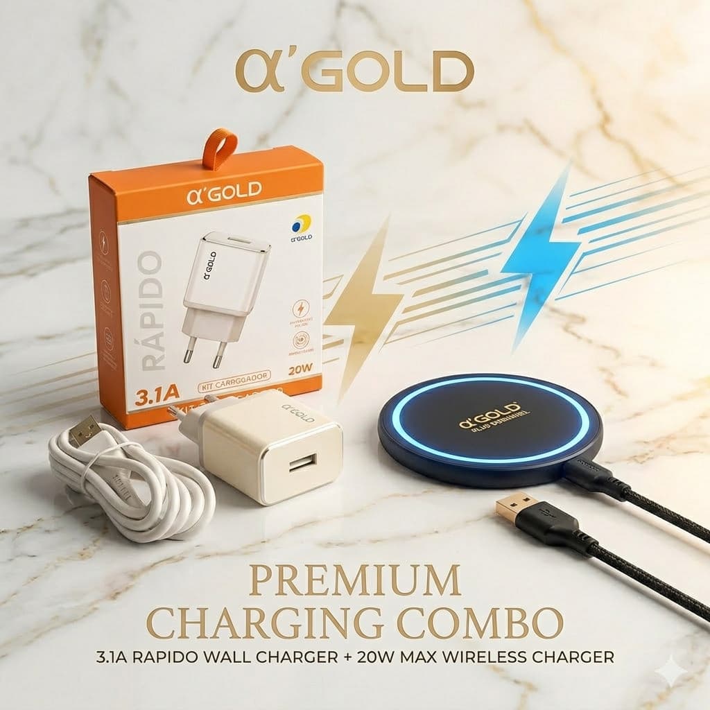 Kit Combo A'GOLD: Carregador Rápido 3.1A + Base Carregador Sem Fio Por Indução 20W Turbo Universal fcf