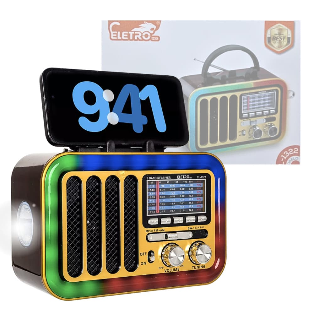 Rádio Retro 5W Bluetooth 5.1 LED RGB com Lanterna Eletromex EL-1322