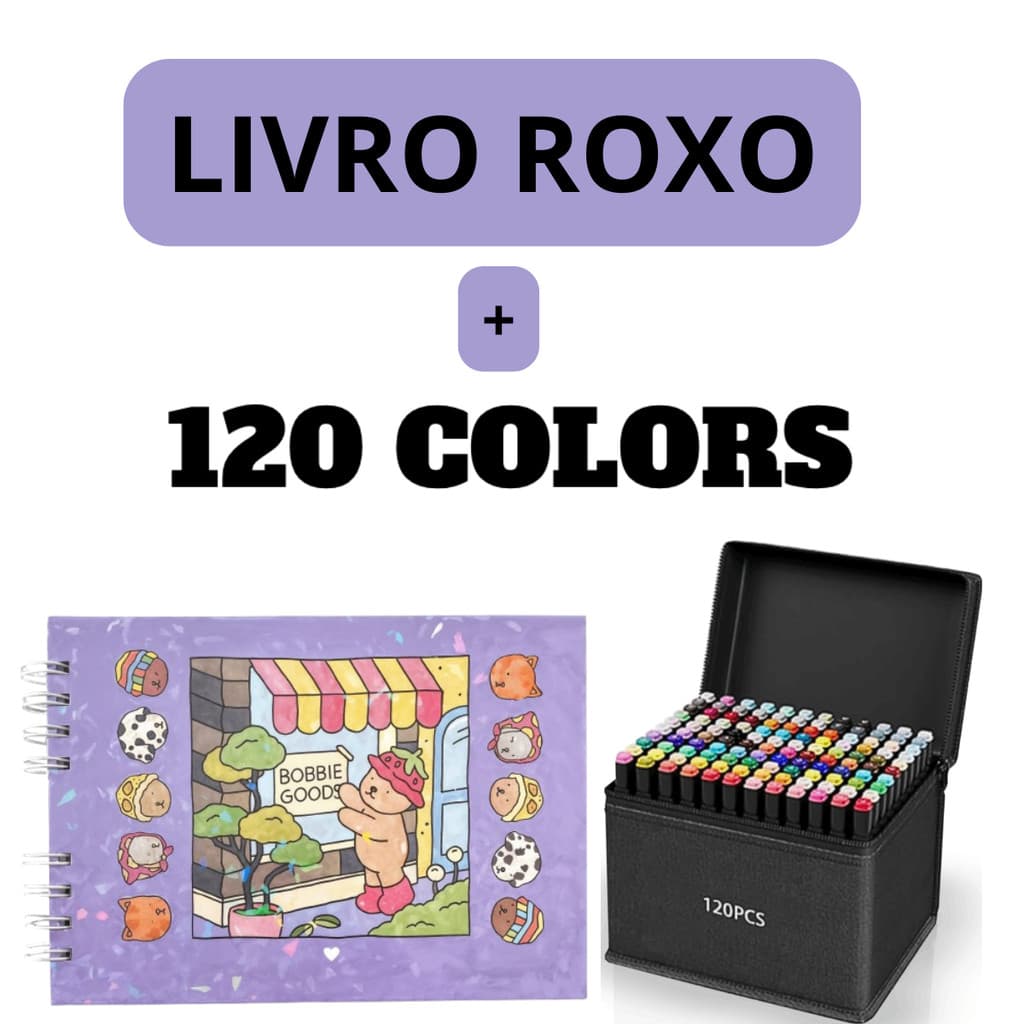 Kit Livro Colorir URSO B0BBIE G00DS (Roxo) + 120 Canetas  De Pontas Duplas Com Estojo