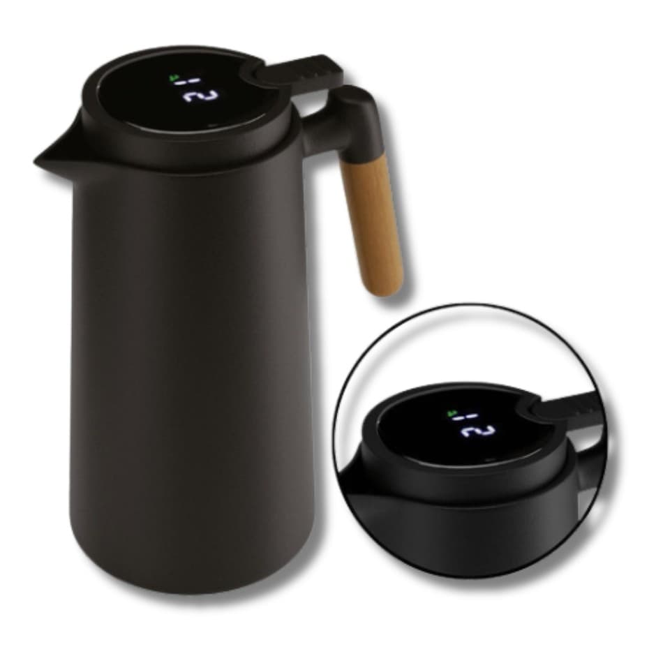 Garrafa Térmica 1L com Termômetro Digital LED Jarro Térmico Café Moderno Cabo Madeira Preto
