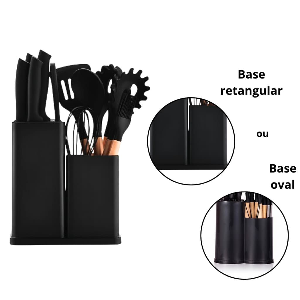 Kit Utensílios de Cozinha Silicone 19 Peças Cabo Madeira Completo com Facas Tábua e Suporte Antiaderente