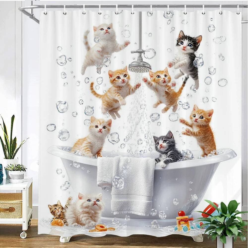 Adorável Banho Gato E Cão Padrão Cortina De Chuveiro Dos Desenhos Animados Animais Impressão Cortinas Do Banheiro Para D