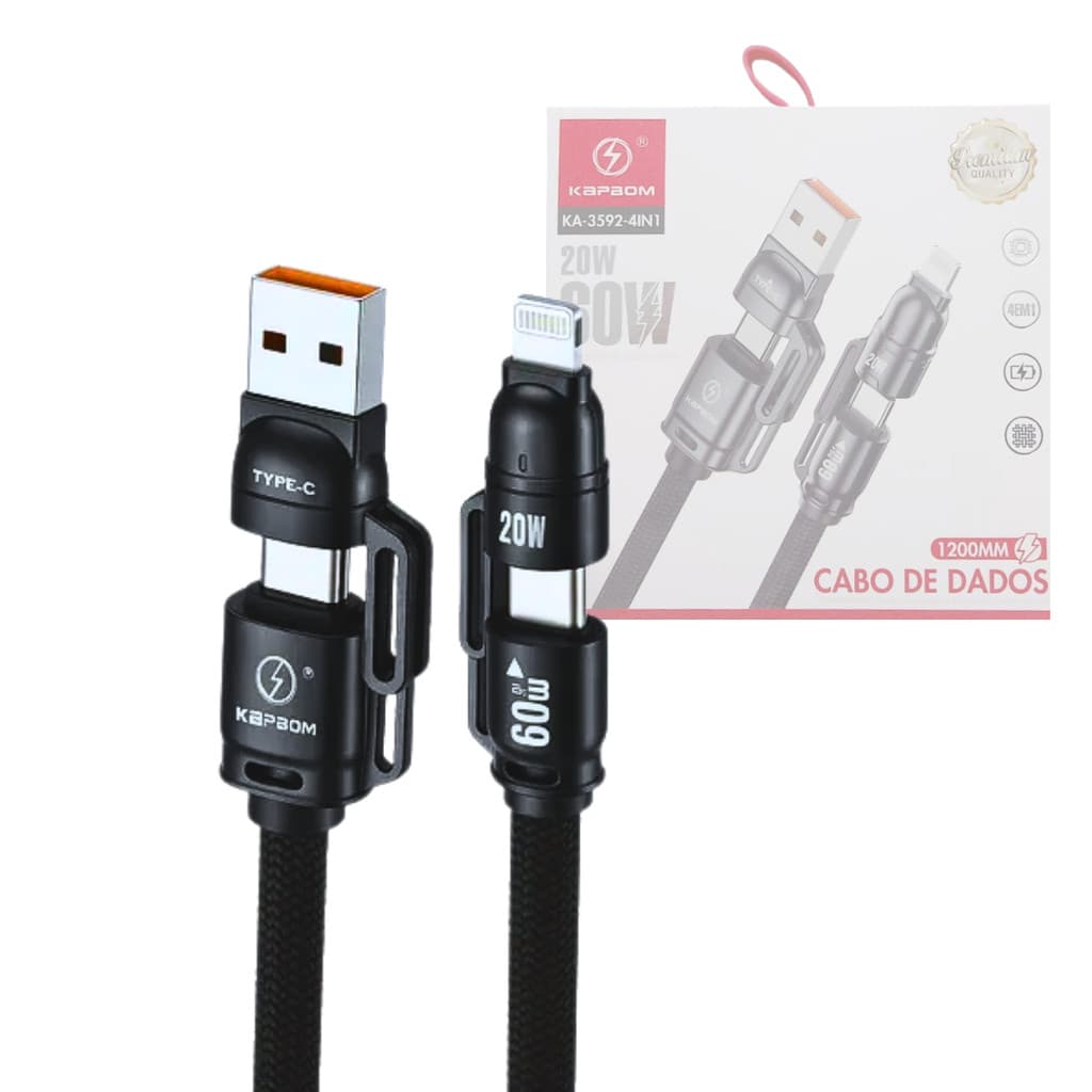 Cabo de dados 4 em 1 (USB/2x TPC/Lightning) 60W de 1,20 metros Kapbom KA-3592-4IN1
