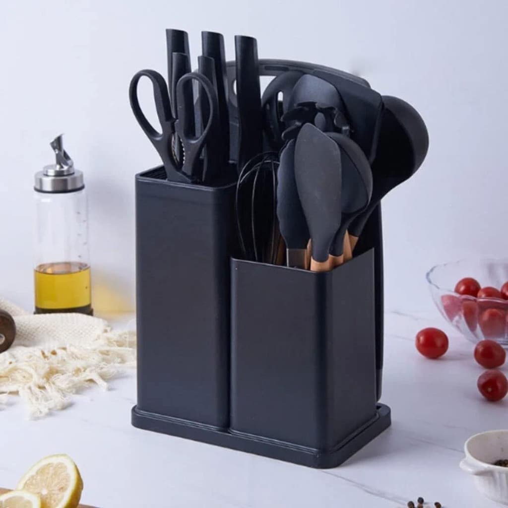 Kit Conjunto de Utensílios de Cozinha  19 peças Completo Com Faqueiro Com Tesoura Pegagador.