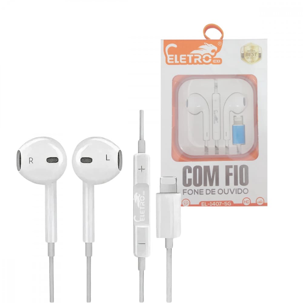 Fone de Ouvido Intra Auricular Com Fio e Microfone Controle de Volume Conexão Lightning Eletromex