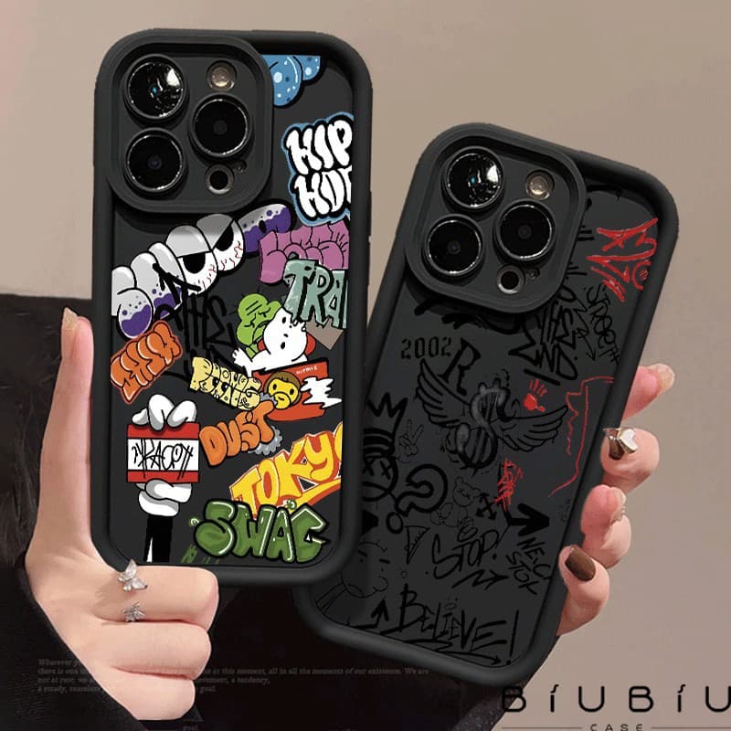 Capinha Capa Preta com Design de Grafite e Street Art Para iPhone 11 14 15 16 12 17 13 pro max 7/8 plus