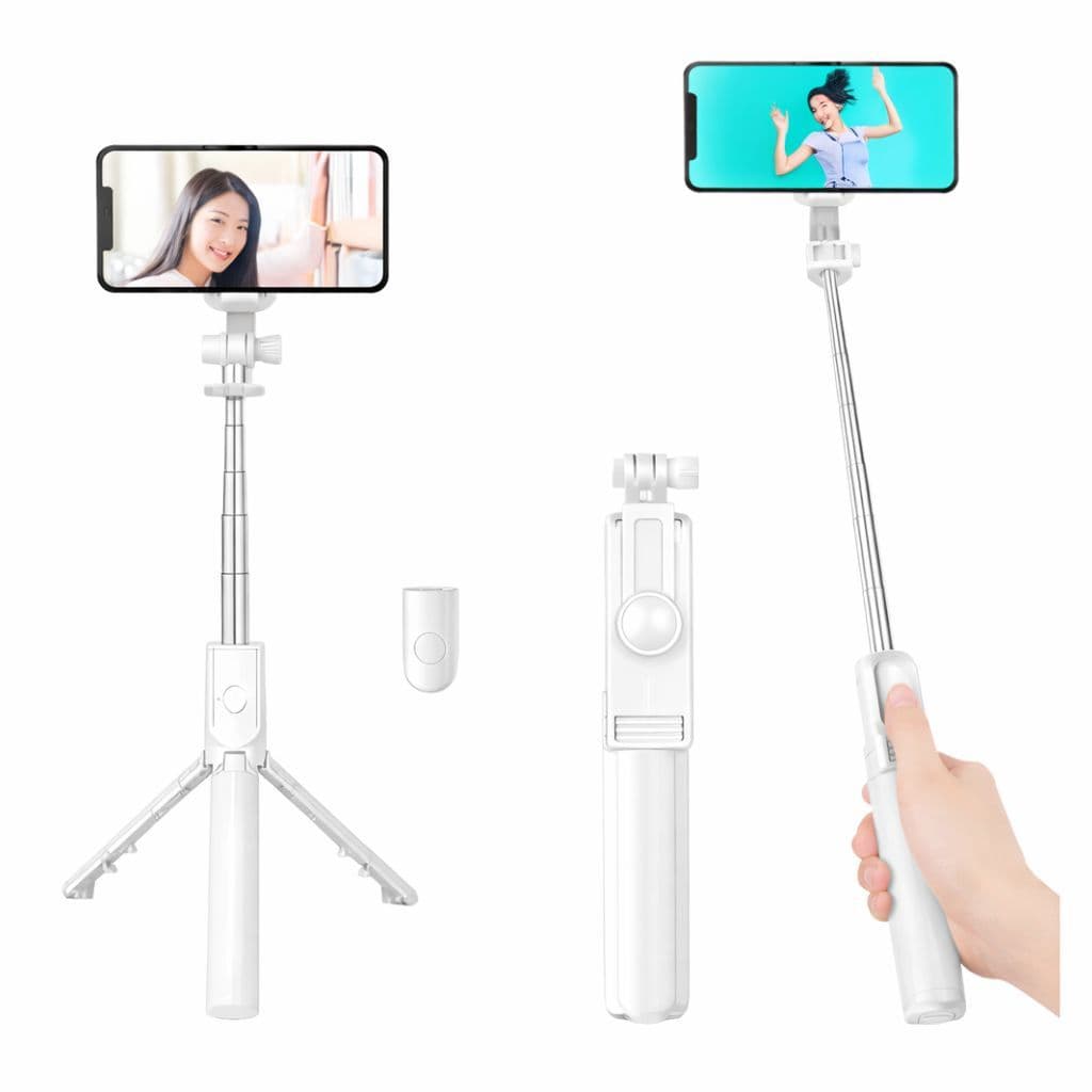 Bastão de Selfie com Controle Remoto Bluetooth – Tripé Integrado e Suporte Ajustável - Branco