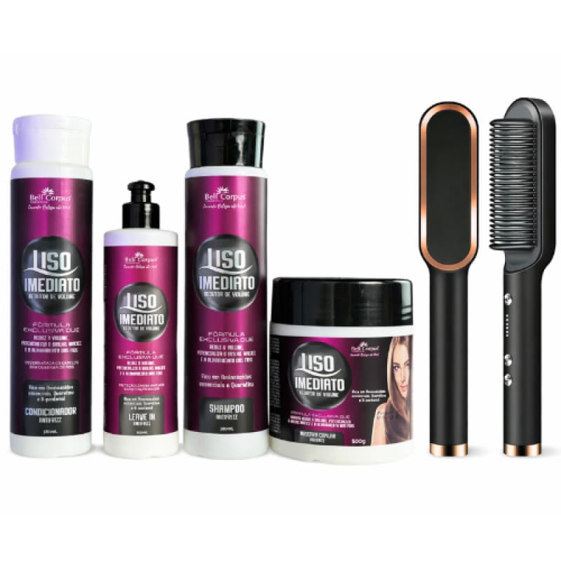 Kit Alisador de Cabelo + Escova Alisadora (Shamp+Cond+Masc+Leave-in)