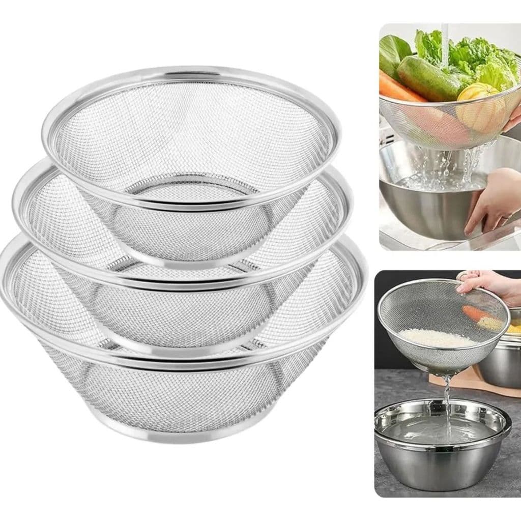 Kit 3 Cestos Escorredores Inox 22/25/28cm | Massas, Arroz e Legumes