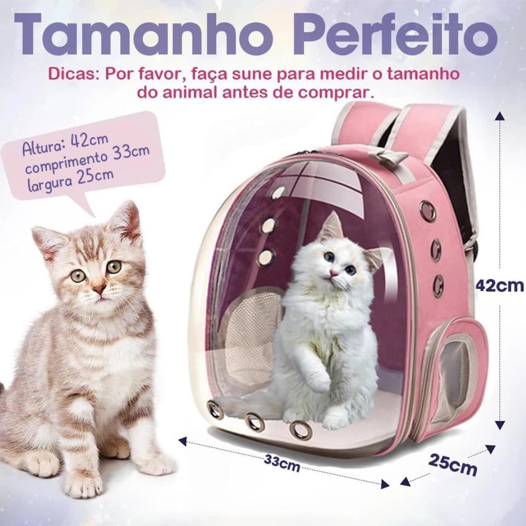 ROSA - Mochila Pet Transporte para Cães e Gatos Visão Ampla com Entrada de Ar
