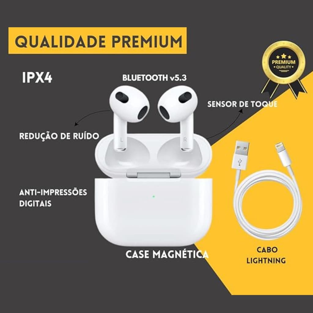 Fone Bluetooth AirPods Pro 3 Premium TWS Cancelamento de Ruído + Estojo Lightning Branco