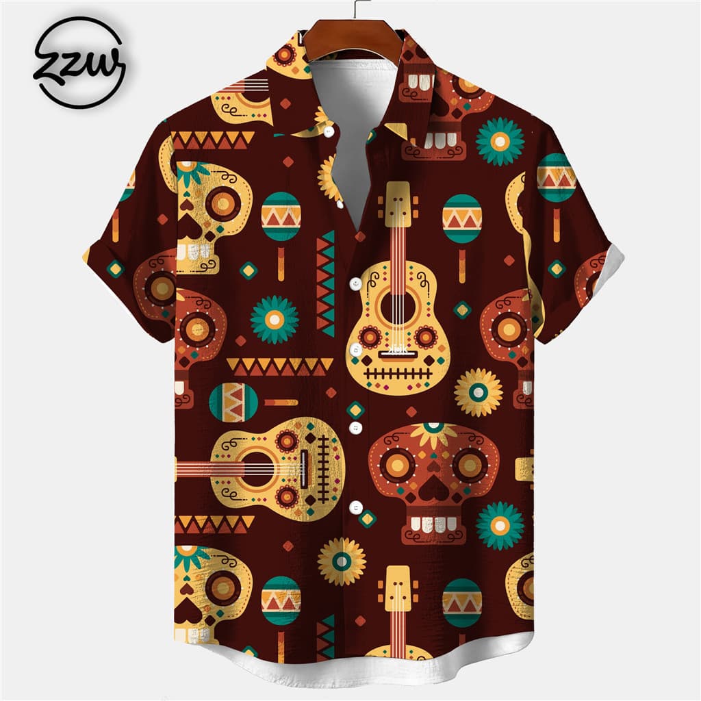 Camisa Havaiana Masculina Com Estampa De Férias Tropicais Vintage | Roupa De Praia Botões De Manga Curta 08