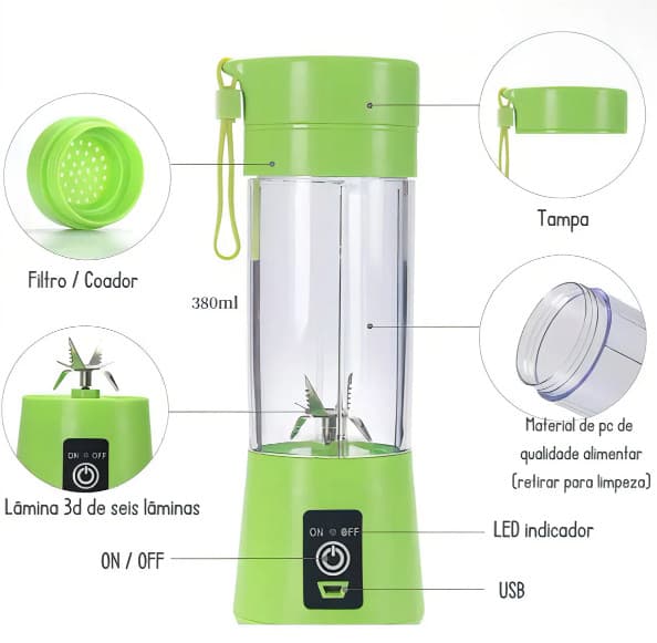 Mini Liquidificador Portátil Recarregável USB 380ml Copo Mixer Shake Smoothie Fitness