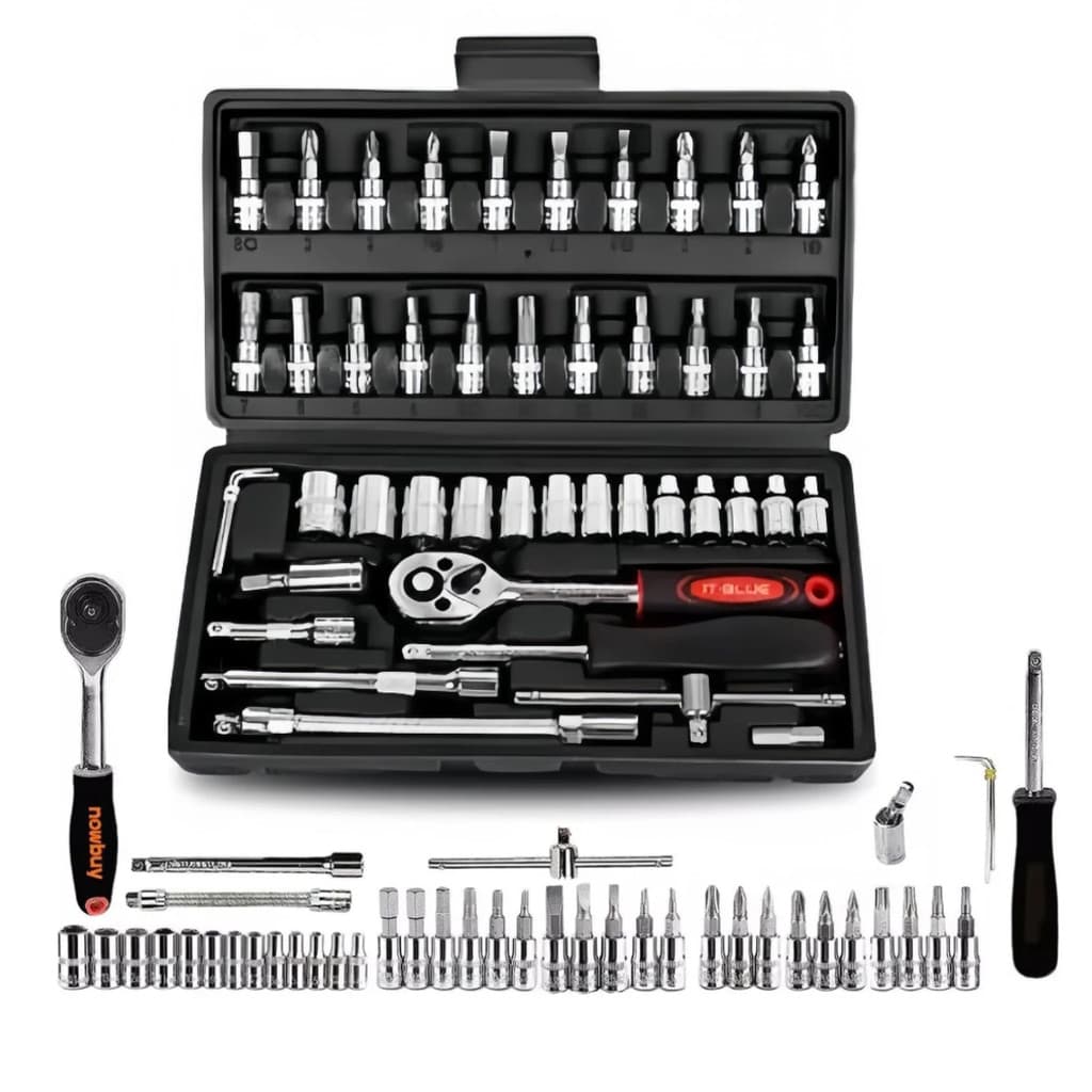 Kit Jogo de Ferramentas com 46 Peças Soquete Aço c/ Maleta