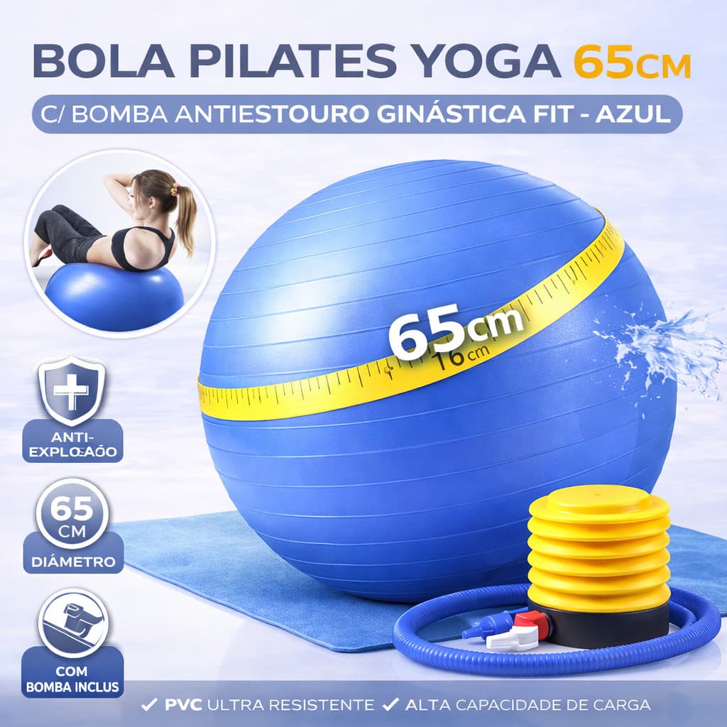 Bola Pilates Yoga 65cm C/ Bomba Antiestouro PVC Fitness Ginástica Core Treino Azul